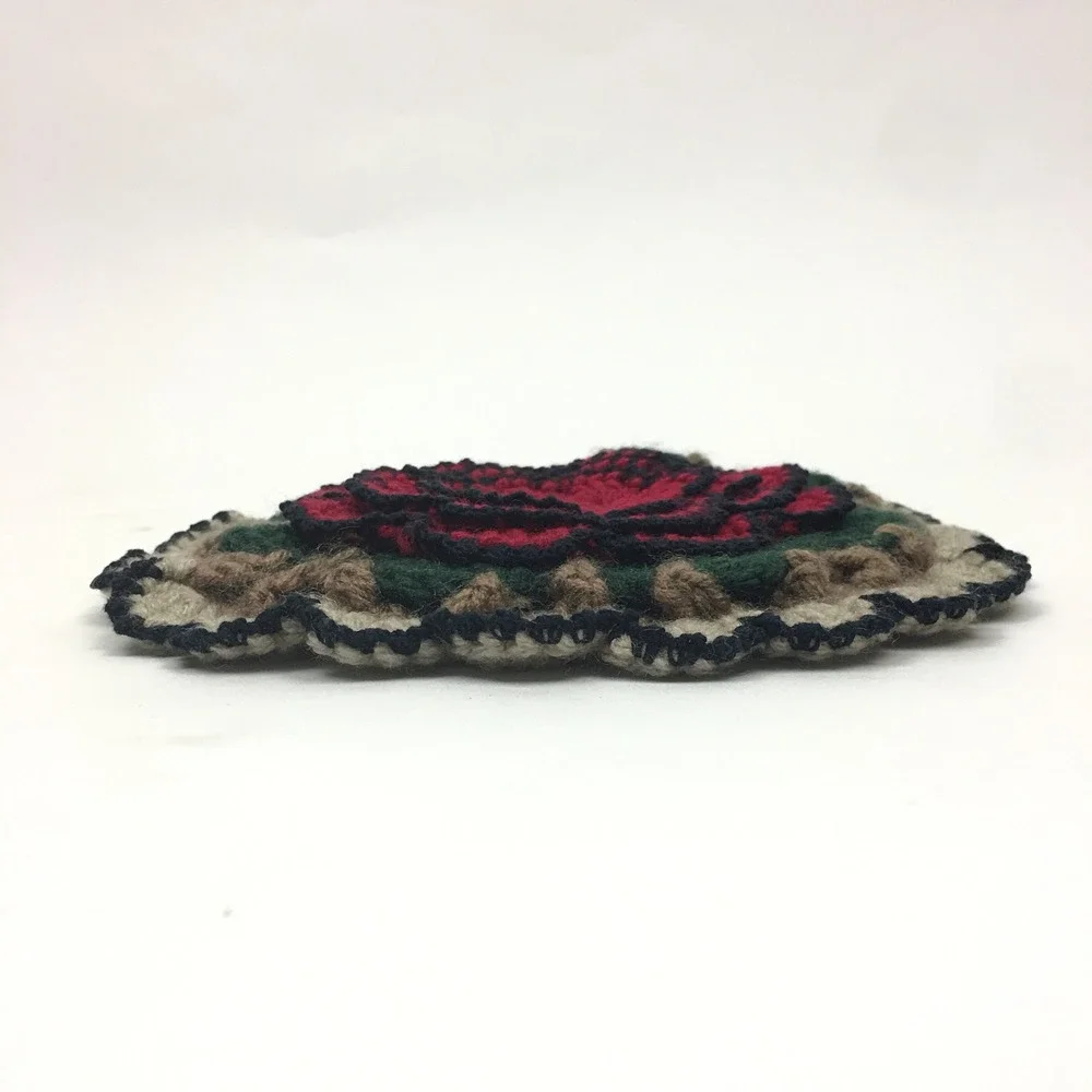 Handmade Vtg Crochet Hanging Decorative Pot Holder Trivet Flower Red Green Brown